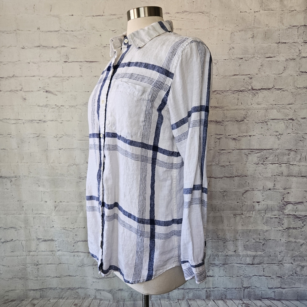 Gap Boyfriend Fit White Blue Plaid Linen Long Sleeve Button Up Shirt Medium - Picture 3 of 13